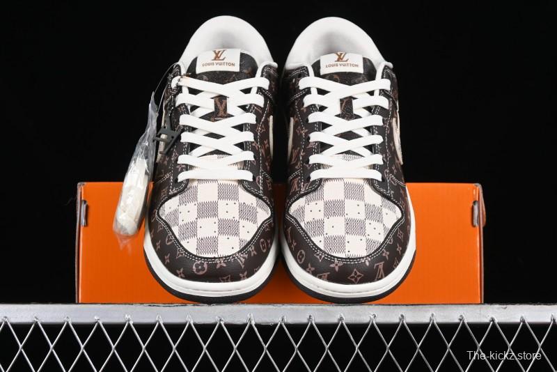Nike SB Dunk Low LV Collaboration - Checkerboard Brown Monogram White Swoosh Anniversary High-End Custom Low-Top Casual Skate Shoes - SJ2068-255