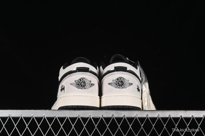 Nike Air Jordan 1 Low Stussy Collaboration - Silver Trim Black Swoosh Retro Basketball Shoes - SJ9950-026
