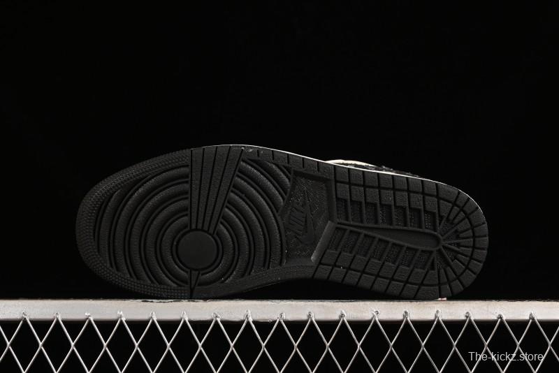 Nike Air Jordan 1 Low OG SP Travis Scott x Fragment Design Black Denim Print Casual Sneakers - SJ2068-005