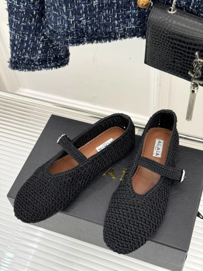 2025 Women AlAIA Black Woven Leather Mary Jane KFY00310