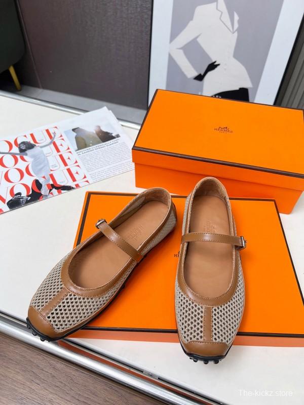 2025 Women Hermès Beige Mesh Leather Mary Jane LY00230