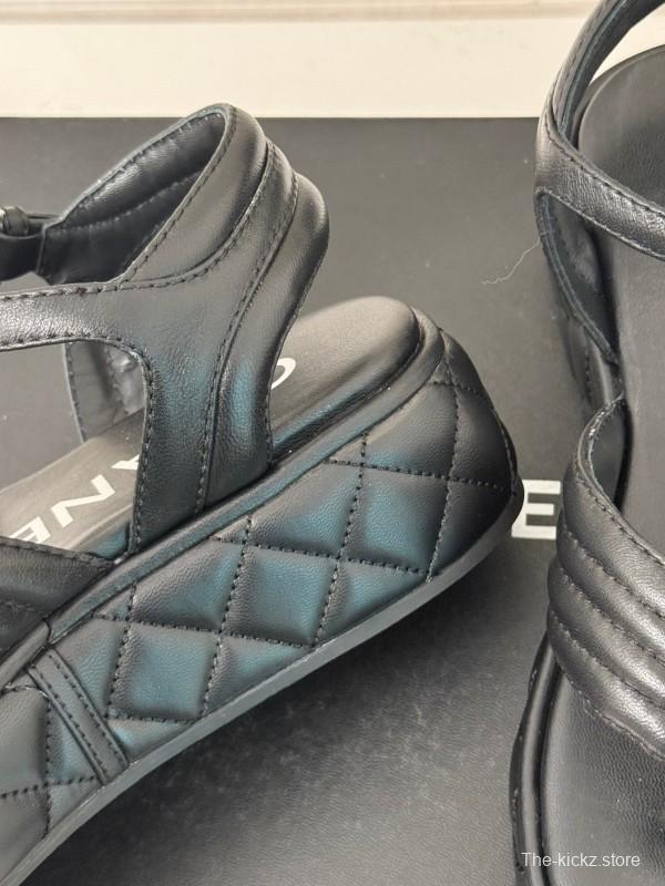 2025 Women Chanel Black Leather Sandals Platform