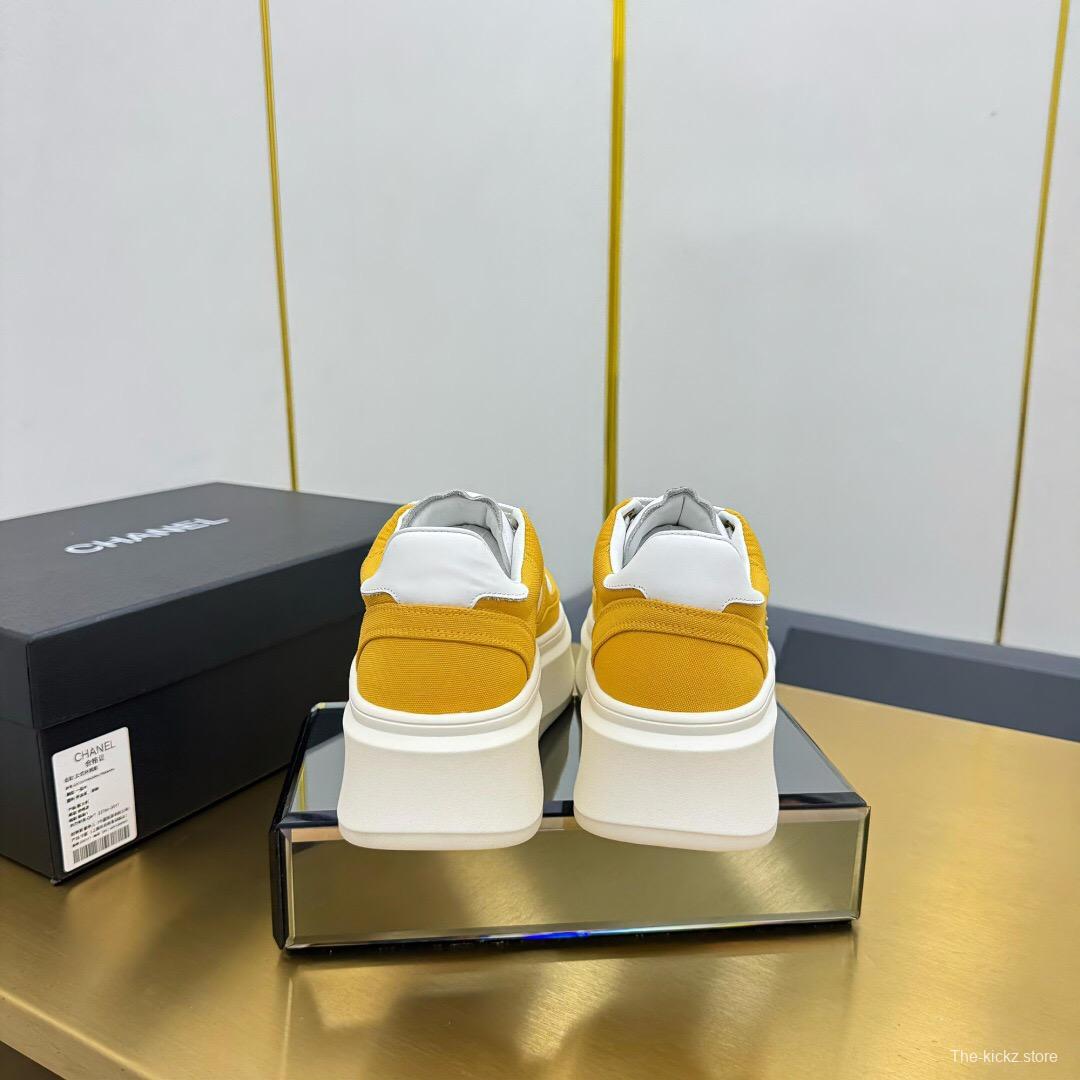 2025 Women Chanel Yellow White Canvas Leather Platform Sneakers