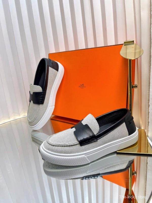 2025 Unisex Hermès Black White Leather Fabric Loafers LY00310(F)/LY00320(M)