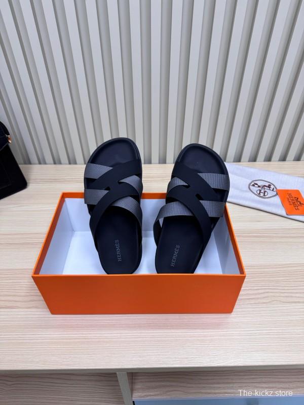 2025 Unisex Hermès Black Grey Leather Slippers