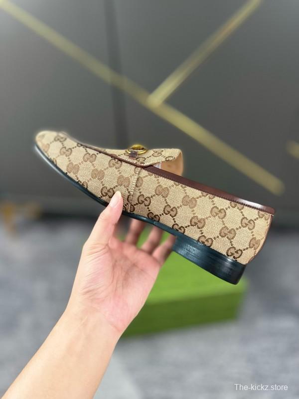 2024 Men Gucci Beige Brown Canvas Leather Loafer