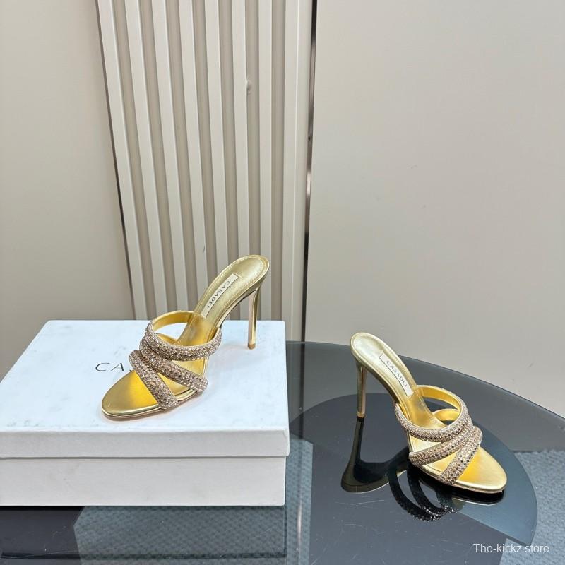 2025 Women Casadei Gold Glitter Leather High Heel Sandals