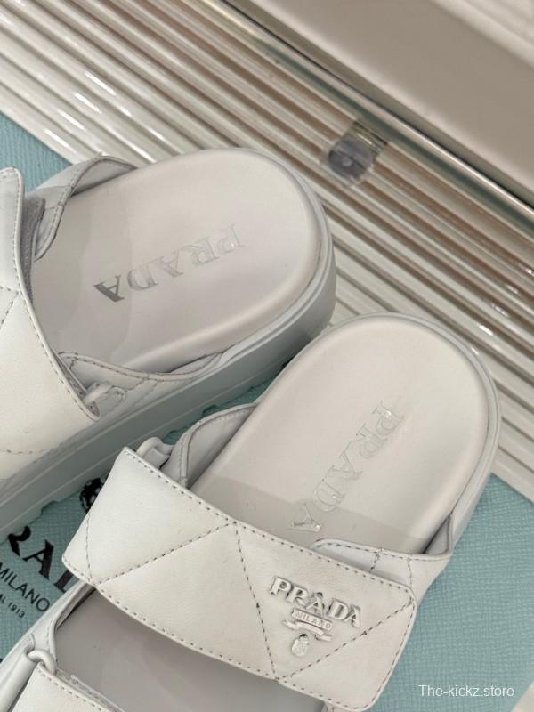 2025 Slippers Prada White Leather Quilted Velcro Strap KFY00250