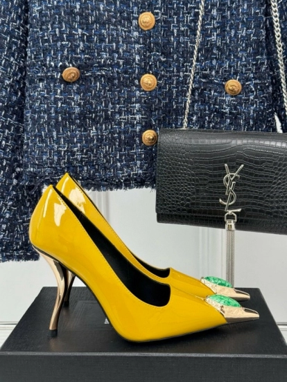 2024 Women Yves Saint Laurent Yellow Patent Leather High Heels