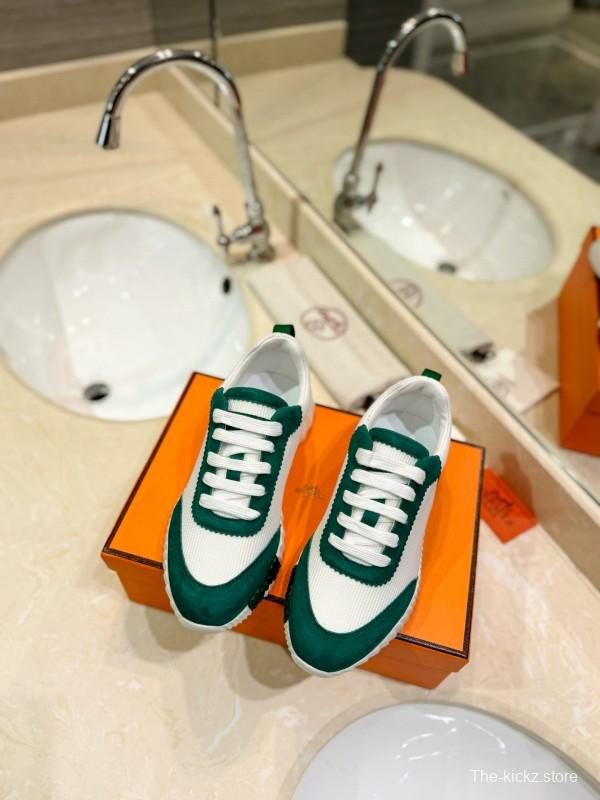 2024 Unisex Hermès White Green Mesh Suede Sneakers MJ00320