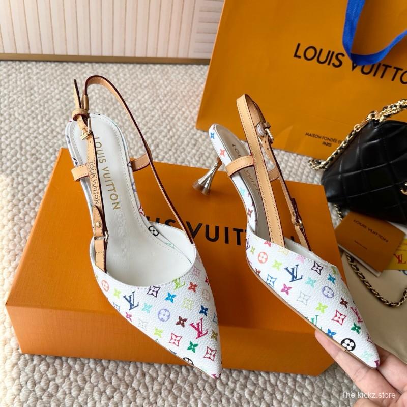 2025 Women Louis Vuitton White Multicolor Leather Slingback Pumps