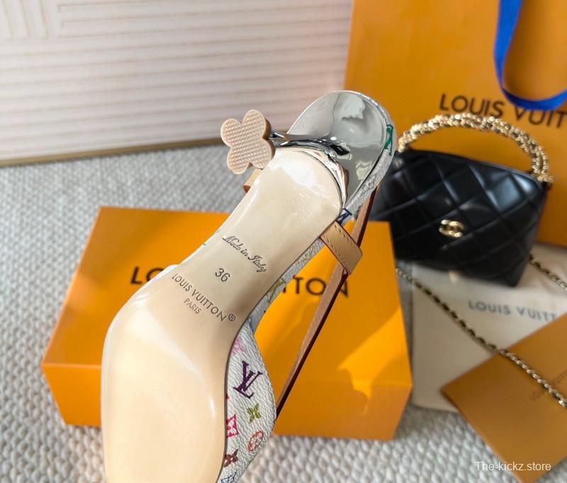 2025 Women Louis Vuitton White Multicolor Canvas Leather Slingback Pumps