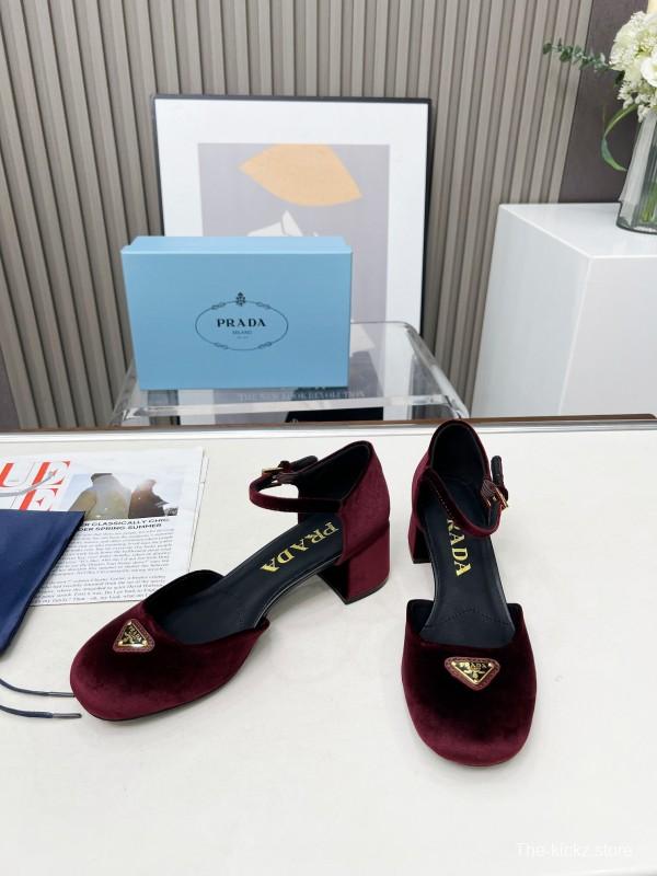 2025 Women Prada Burgundy Velvet Mary Jane Heel LY00270