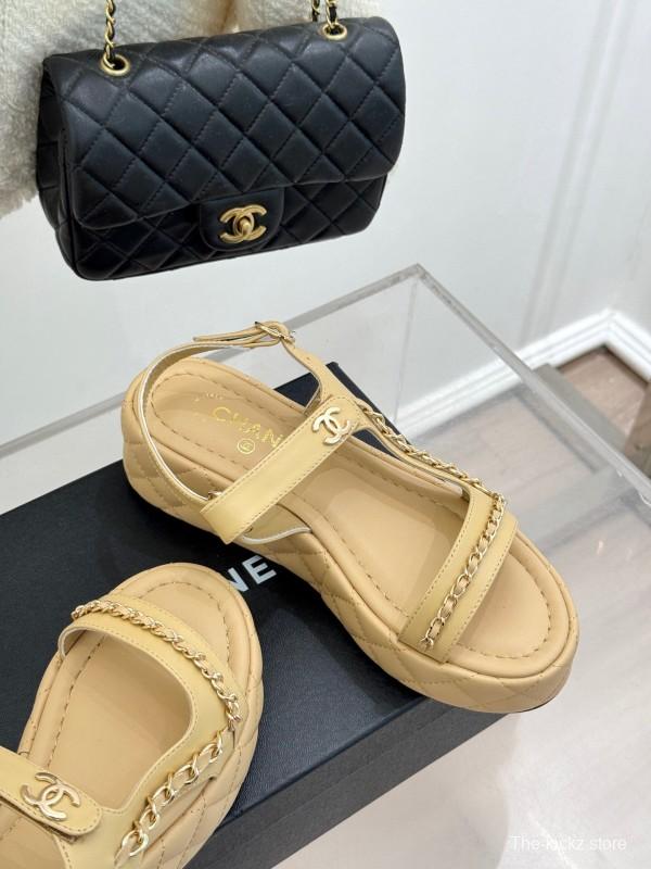 2025 Women Chanel Beige Leather Platform Sandals Chain KFY00270