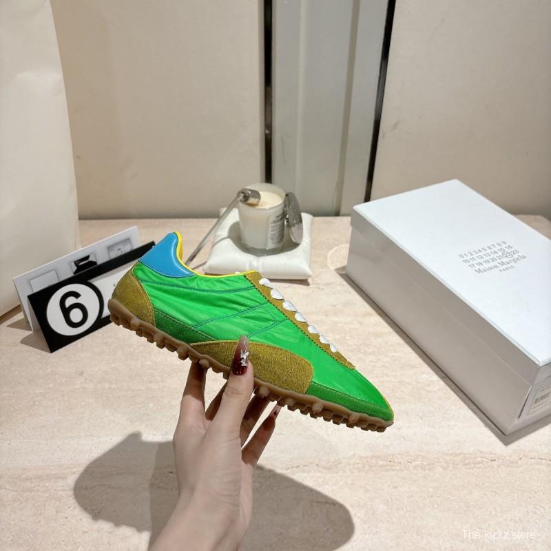 2025 Unisex Maison Margiela Green Yellow Leather Nylon Suede Sneakers Distressed