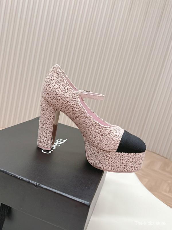 2025 Women Chanel Pink Black Wool Platform Mary Jane KFY00330