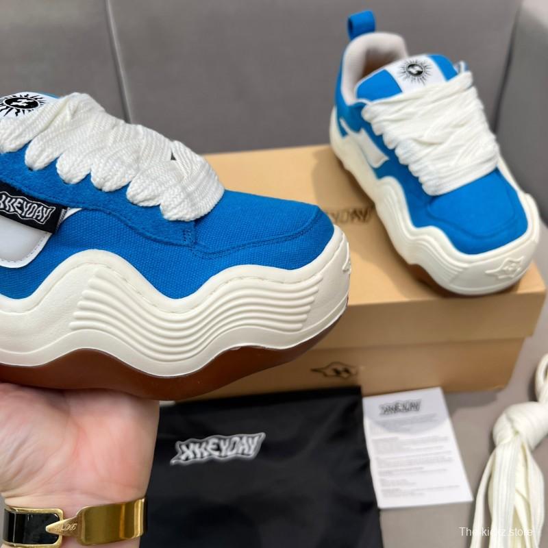2025 Unisex HEYDAY Blue White Canvas Leather Sneakers Wavy Sole KFY00260