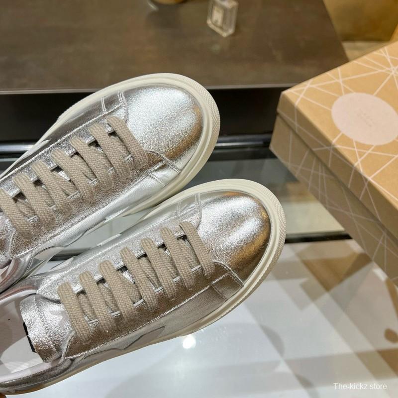 2025 Unisex VEJA Silver Leather Canvas Vulcanized Sneakers MJ00240