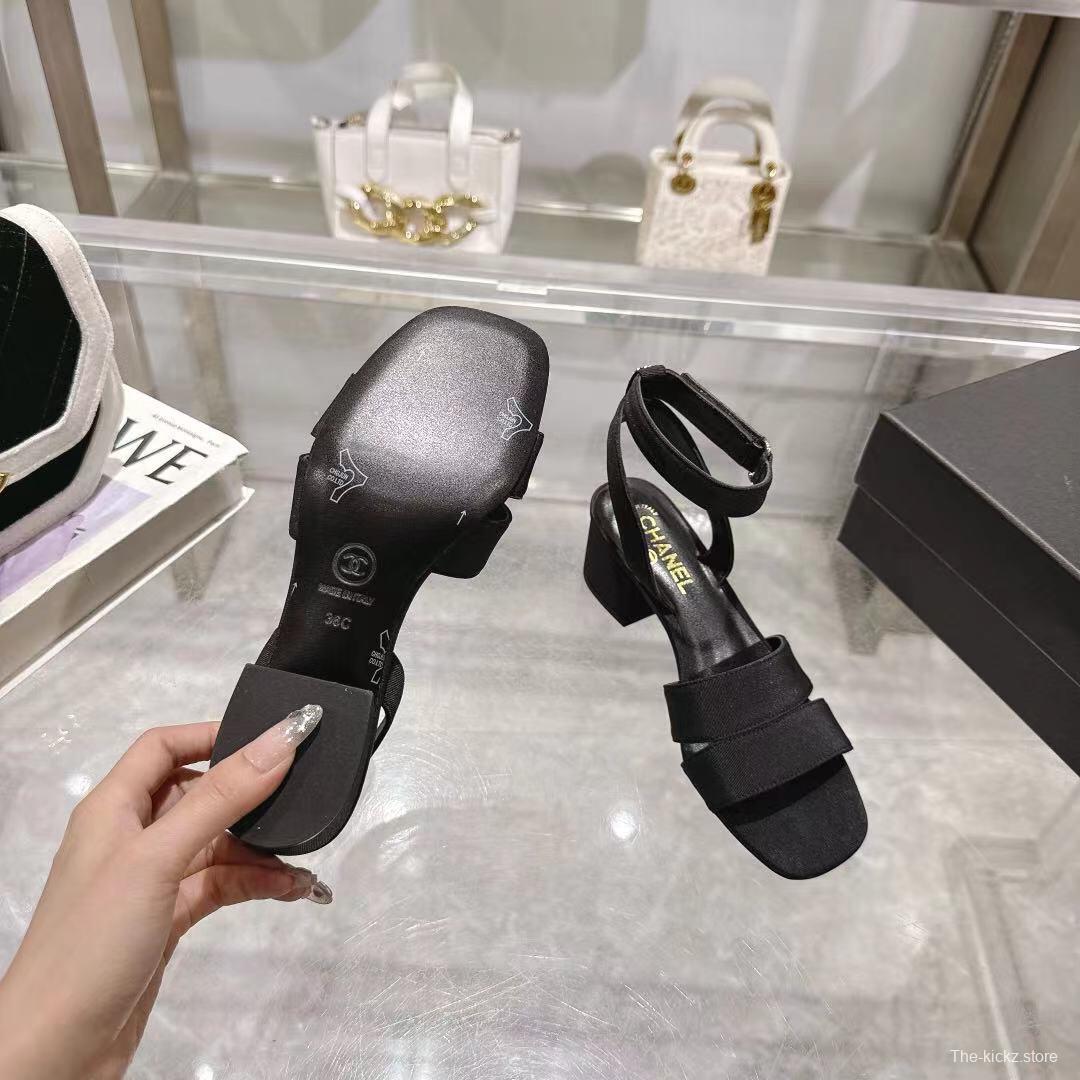 2025 Women Chanel Black Fabric Leather Sandals LY00280