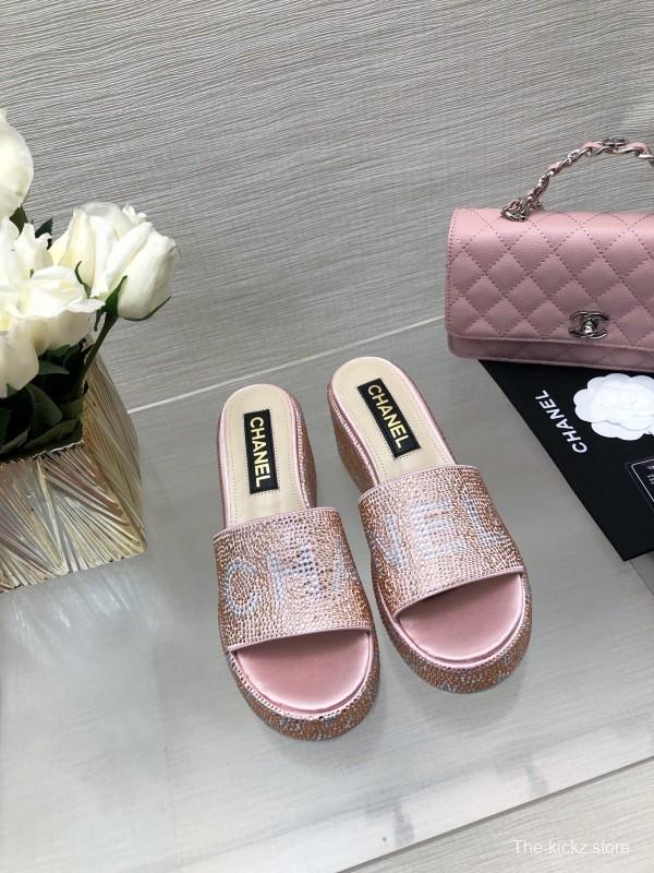 2025 Slippers Chanel Pink Rhinestone Platform Slip-On LY00320