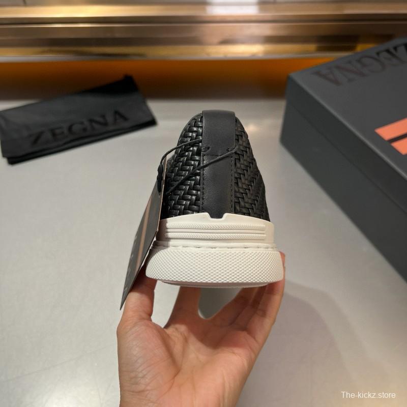 2024 Men Ermenegildo Zegna Black Smooth Calfskin Pelletessuta Sneakers Elastic Detail MJ00280