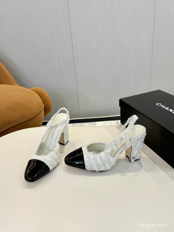 2025 Women Chanel White Black Leather Tweed Slingback Block Heel LY00270