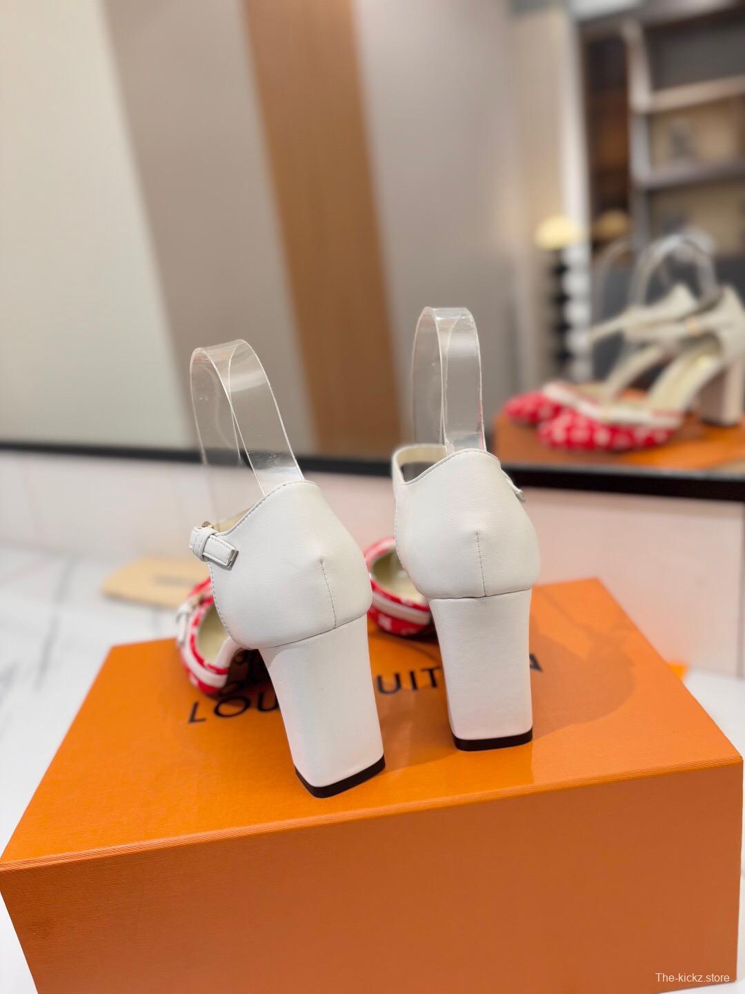 2025 Women Louis Vuitton Red White Denim Leather Heeled Sandals KFY00310