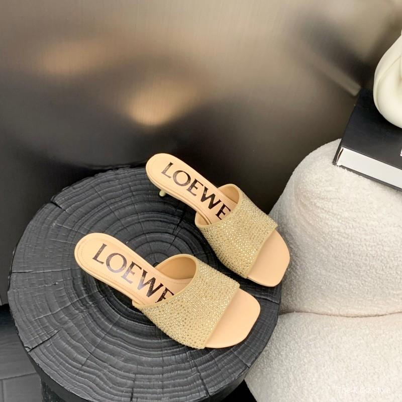 2025 Women Loewe Beige Rhinestone Leather Slippers LY00240