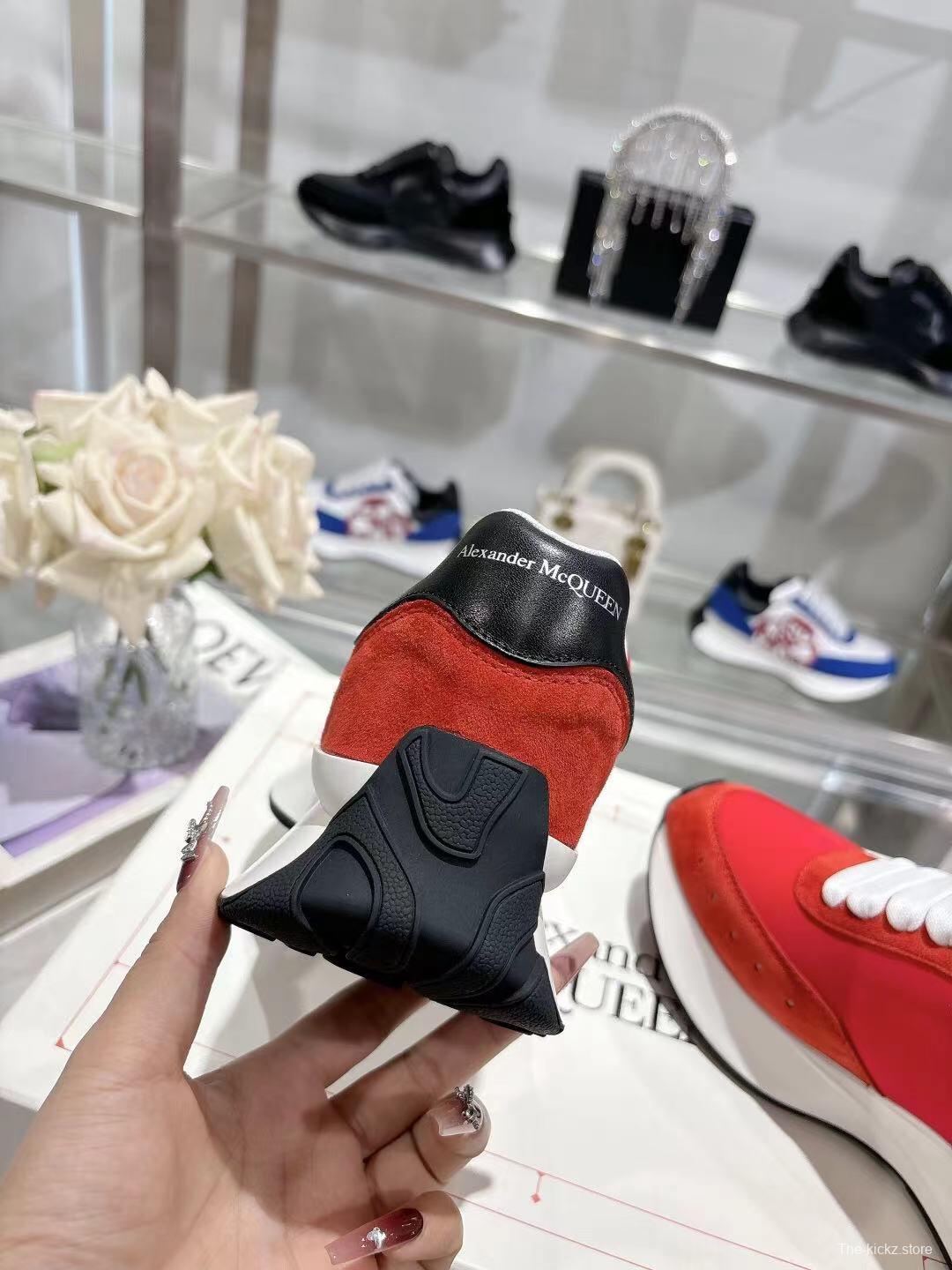 2025 Women Alexander McQueen Red Black Leather Suede Sneakers LY00340