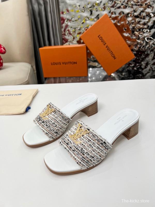 2025 Women Louis Vuitton White Brown Tweed Leather Sandals LY00220