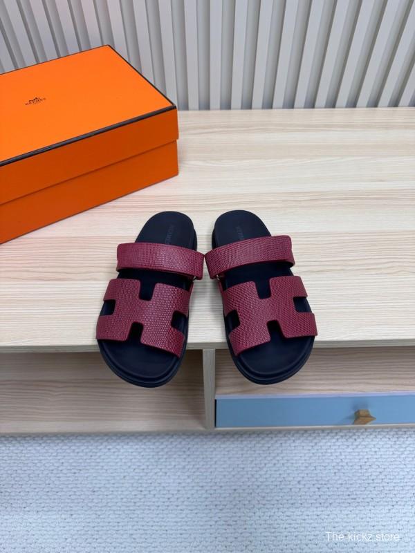 2025 Slippers Hermès Burgundy Black Leather Slide KFY00260