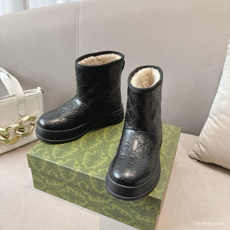 2024 Women Gucci Black Leather Suede Shearling Snow Boots MJ00350