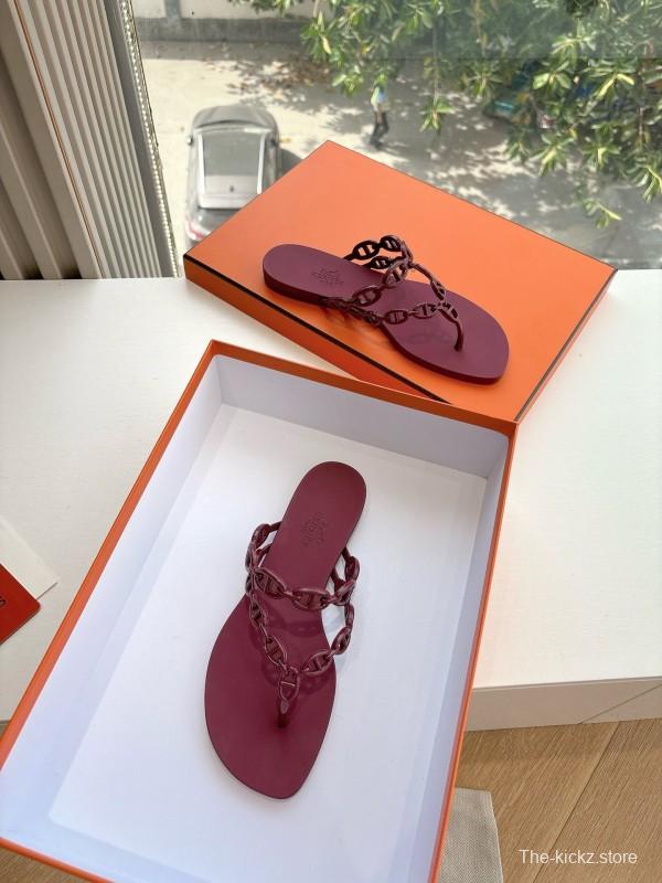 2025 Women Hermès Burgundy Leather Chain Strap Sandals G059 (F)