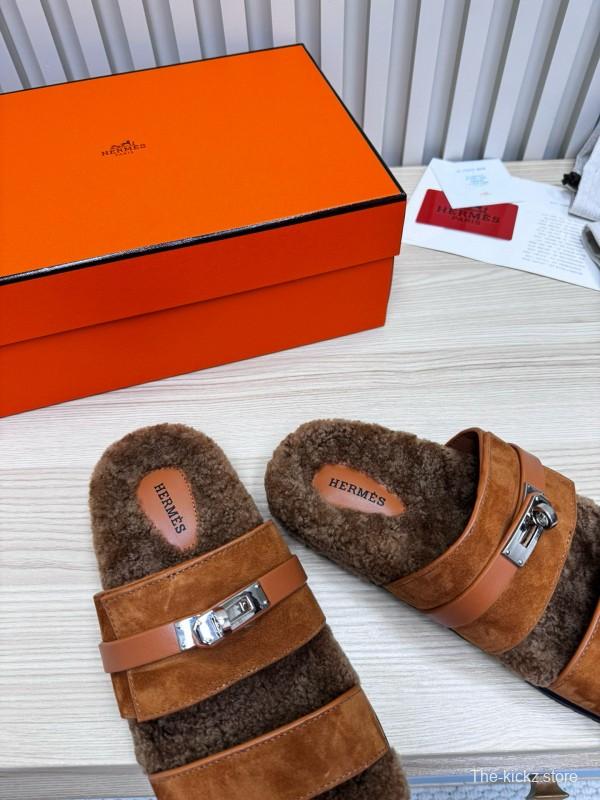 2024 Slippers Hermès Brown Suede Shearling Slippers MJ00300
