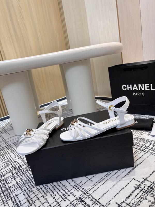 2025 Women Chanel White Leather Sandals LY00270