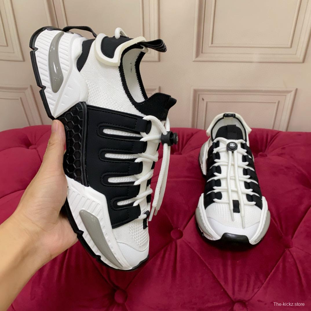2024 Unisex Dolce & Gabbana Black White Knit Leather Sneakers MJ00340