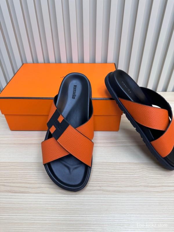 2025 Slippers Hermès Orange Black Leather Slippers