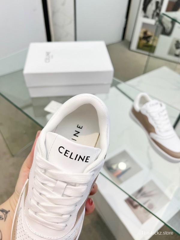 2025 Women Celine White Beige Leather Sneakers BLOCK TRIOMPHE KFY00260