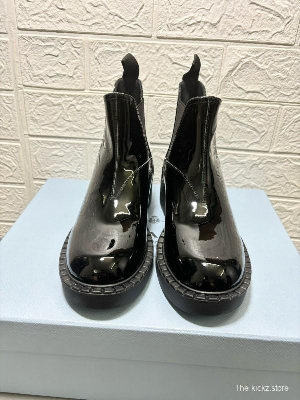 2024 Women Prada Black Patent Leather Ankle Boots MJ00360