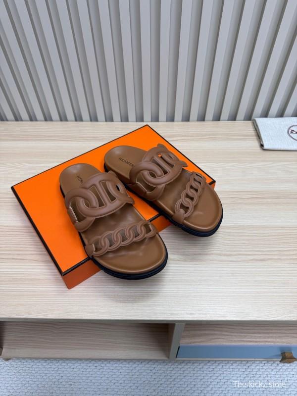2025 Women Hermès Brown Leather Slippers KFY00260