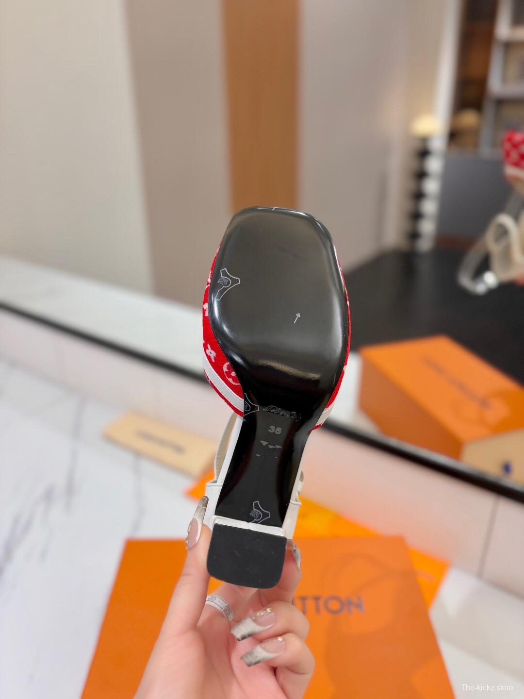 2025 Women Louis Vuitton Red White Denim Leather Heeled Sandals KFY00310