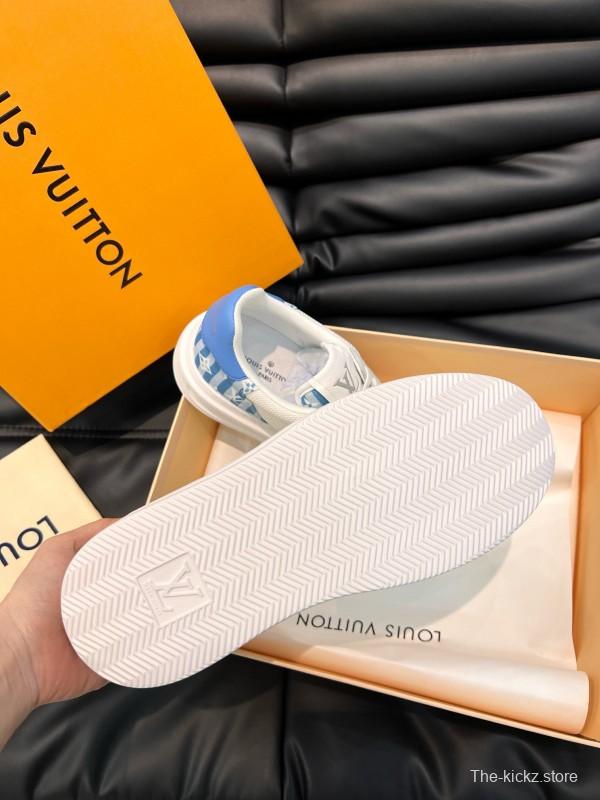 2024 Unisex Louis Vuitton White Blue Cow Leather Mesh Sneakers MJ00400