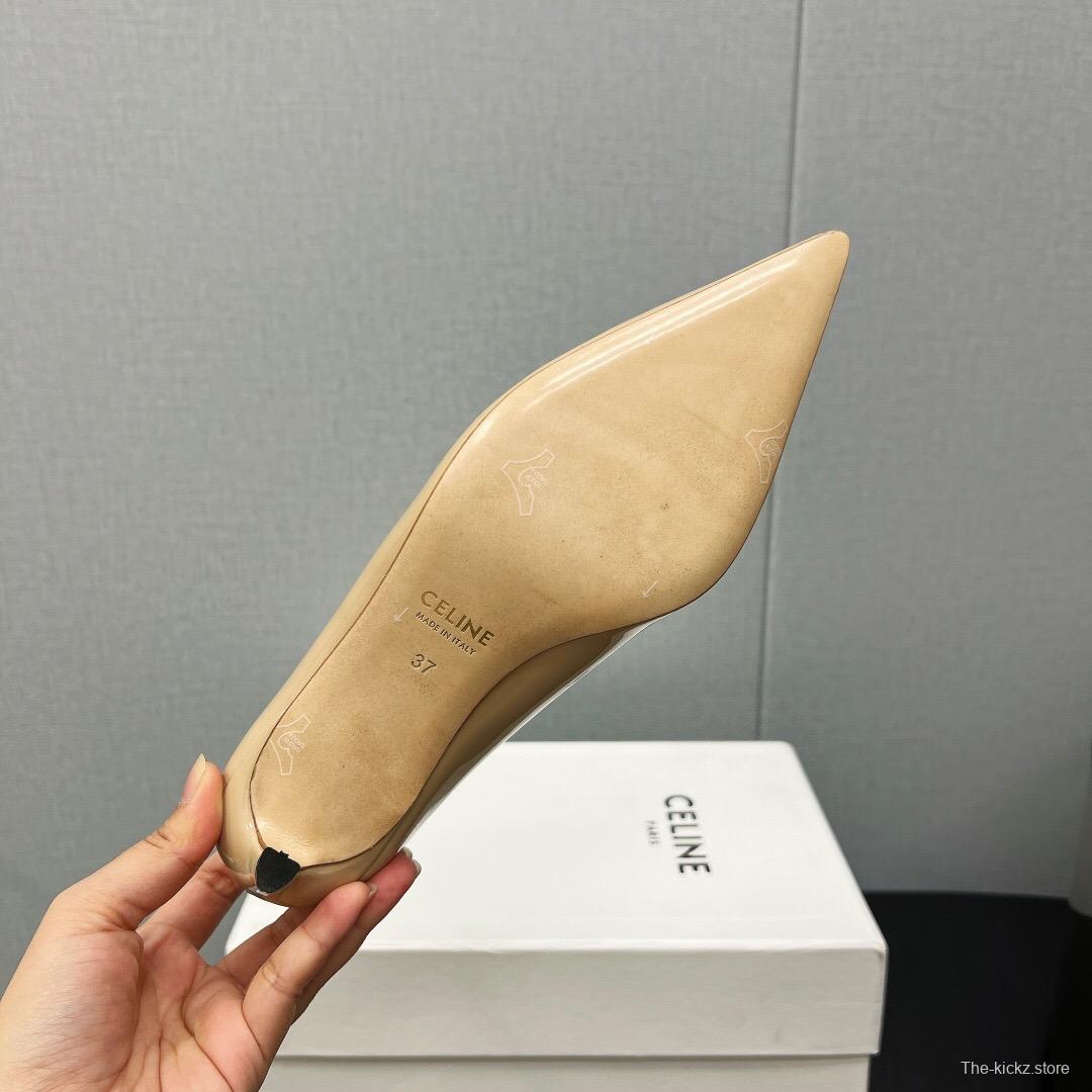 2025 Women Celine Beige Patent Leather Pointed Toe Heel Metal Ornament KFY00290