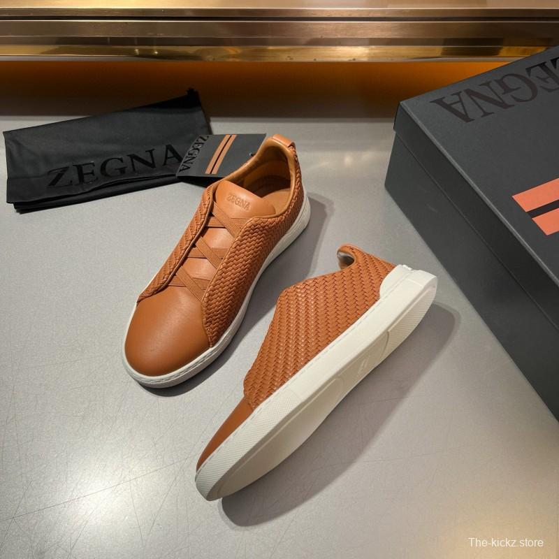 2024 Men Ermenegildo Zegna Brown Leather Woven Sneakers