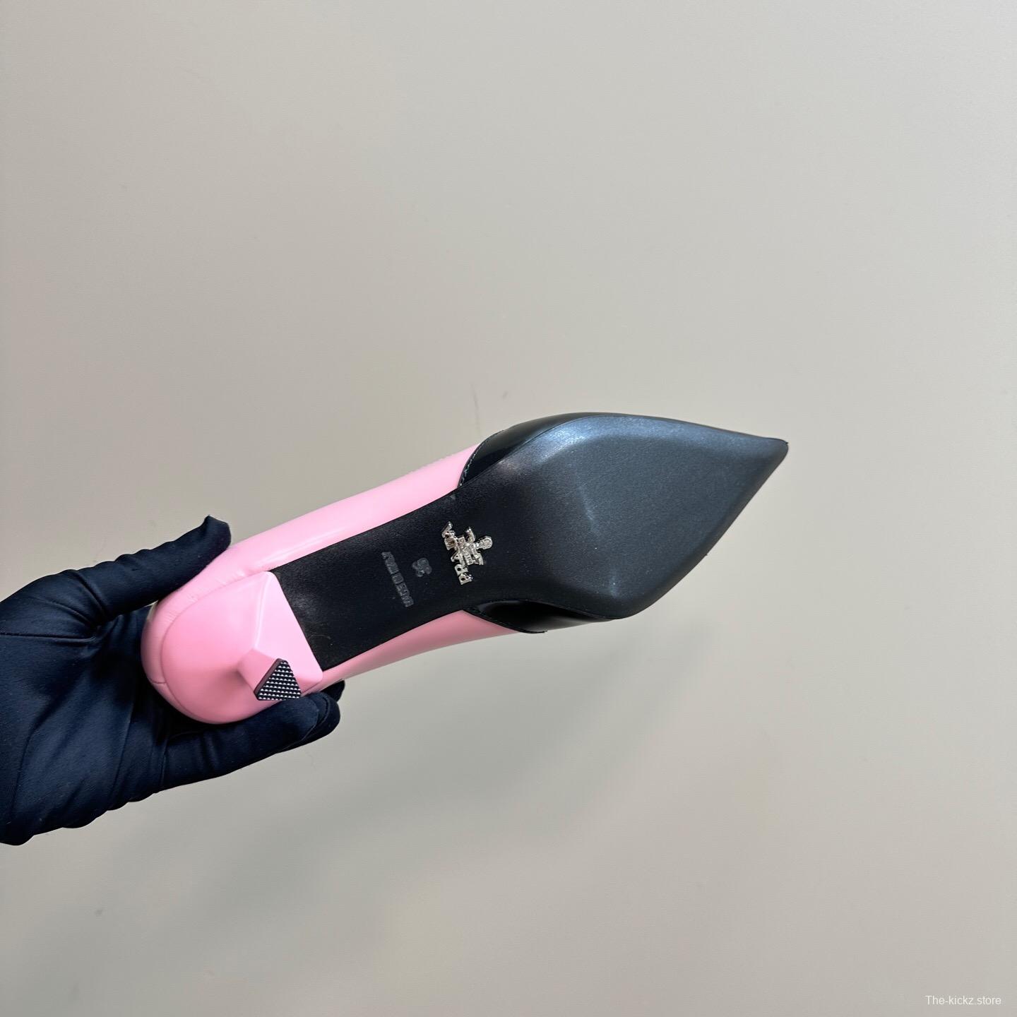 2025 Women Prada Pink Black Leather Pointed Toe Low Heel KFY00310