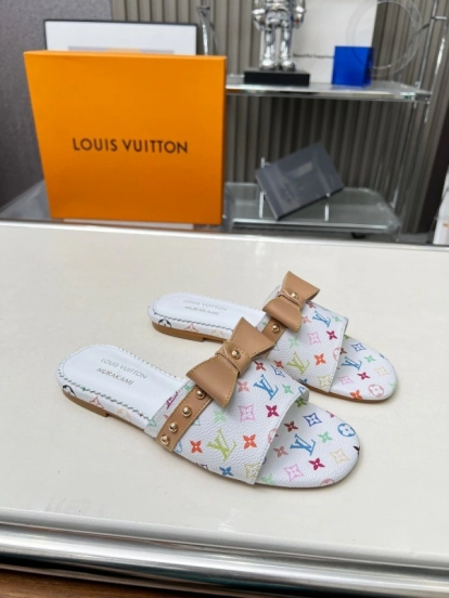 2025 Women Louis Vuitton White Multicolor Leather Slippers Monogram LY00200