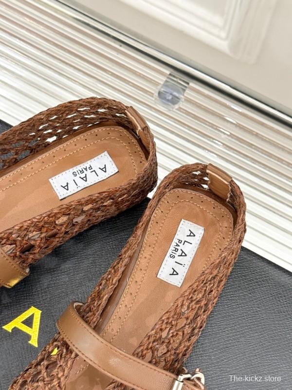 2025 Women AlAIA Brown Leather Woven Mary Jane Shoes