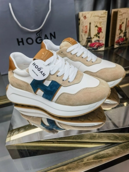2025 Unisex HOGAN White Beige Blue Leather Suede Platform Sneakers H-STRIPES LY00360(F)/LY00370(M)