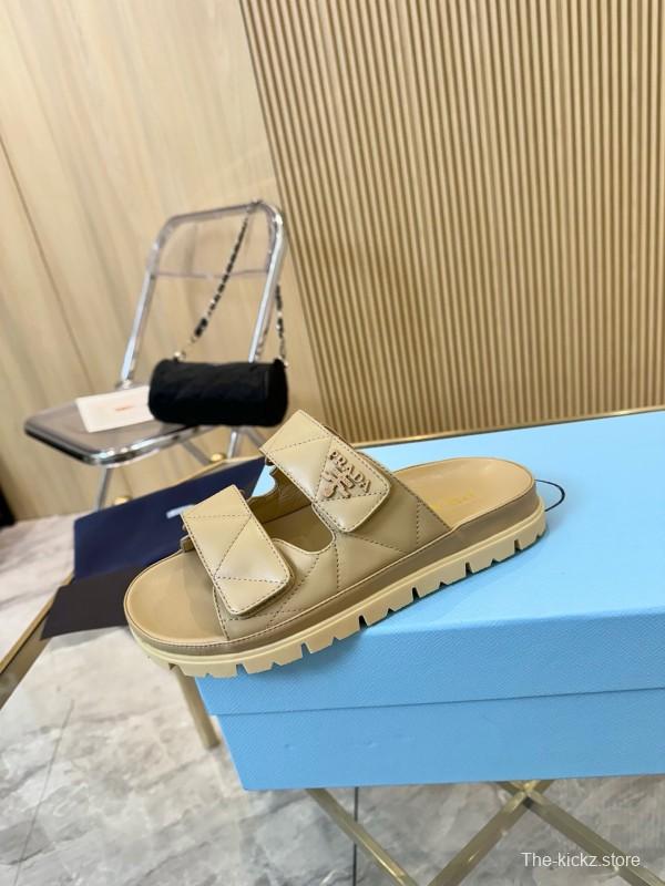 2025 Women Prada Beige Leather Sandals LY00270