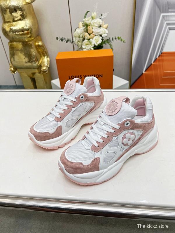 2025 Women Louis Vuitton White Pink Suede Mesh Sneakers LY00340